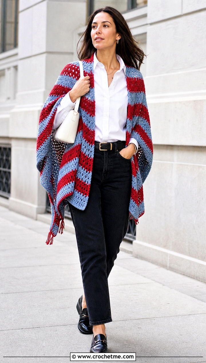Striped Crocheted Ruana With White Shirt And Black Jeans - 20 Crocheted Ruana outfit ideas