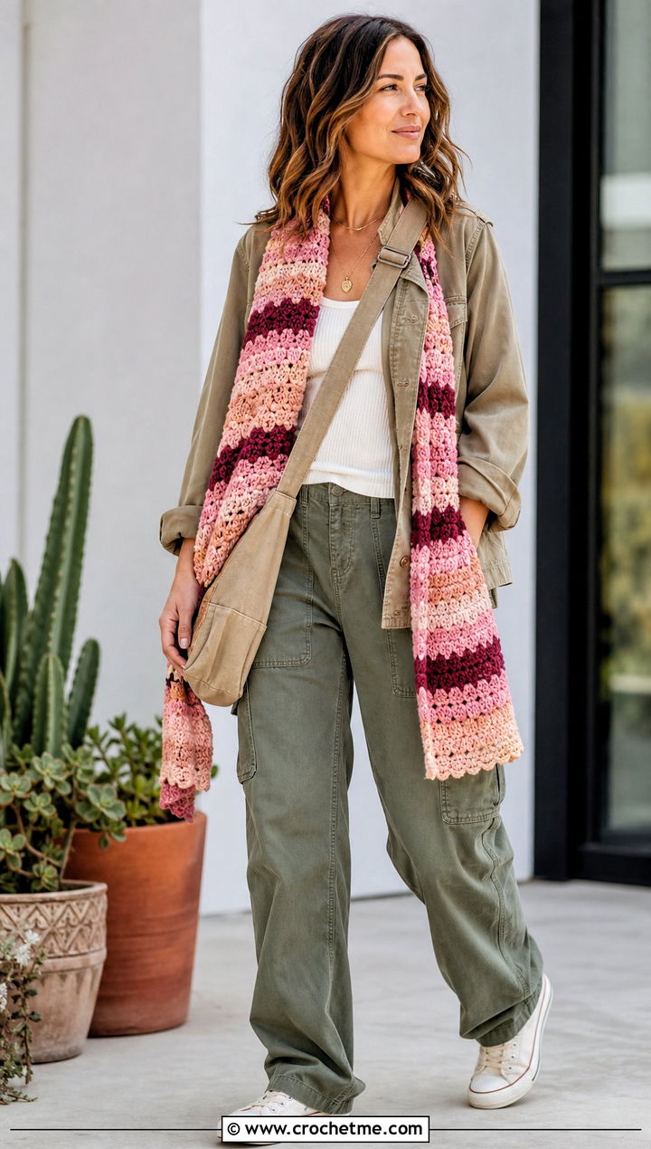 Striped Crocheted Shawl With A Utility Outfit - 20 Crocheted Shawl outfit ideas