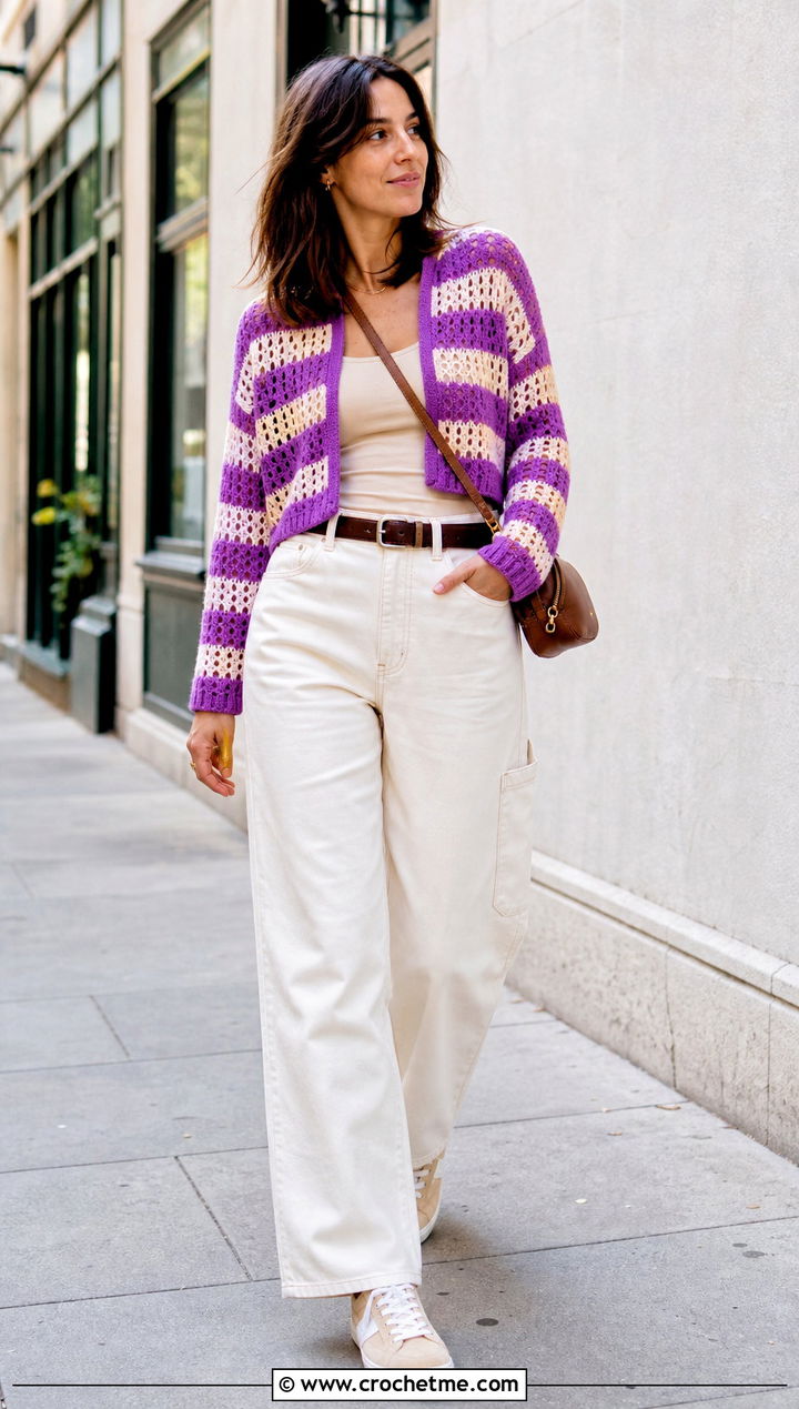Striped Cropped Cardigan With Carpenter Jeans - 25 crocheted cropped cardigan outfit ideas