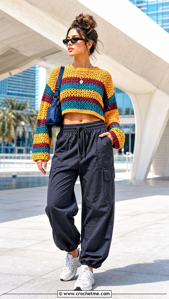 Striped Cropped Crochet Sweater With Parachute Pants - 35 cropped crochet sweater outfit ideas