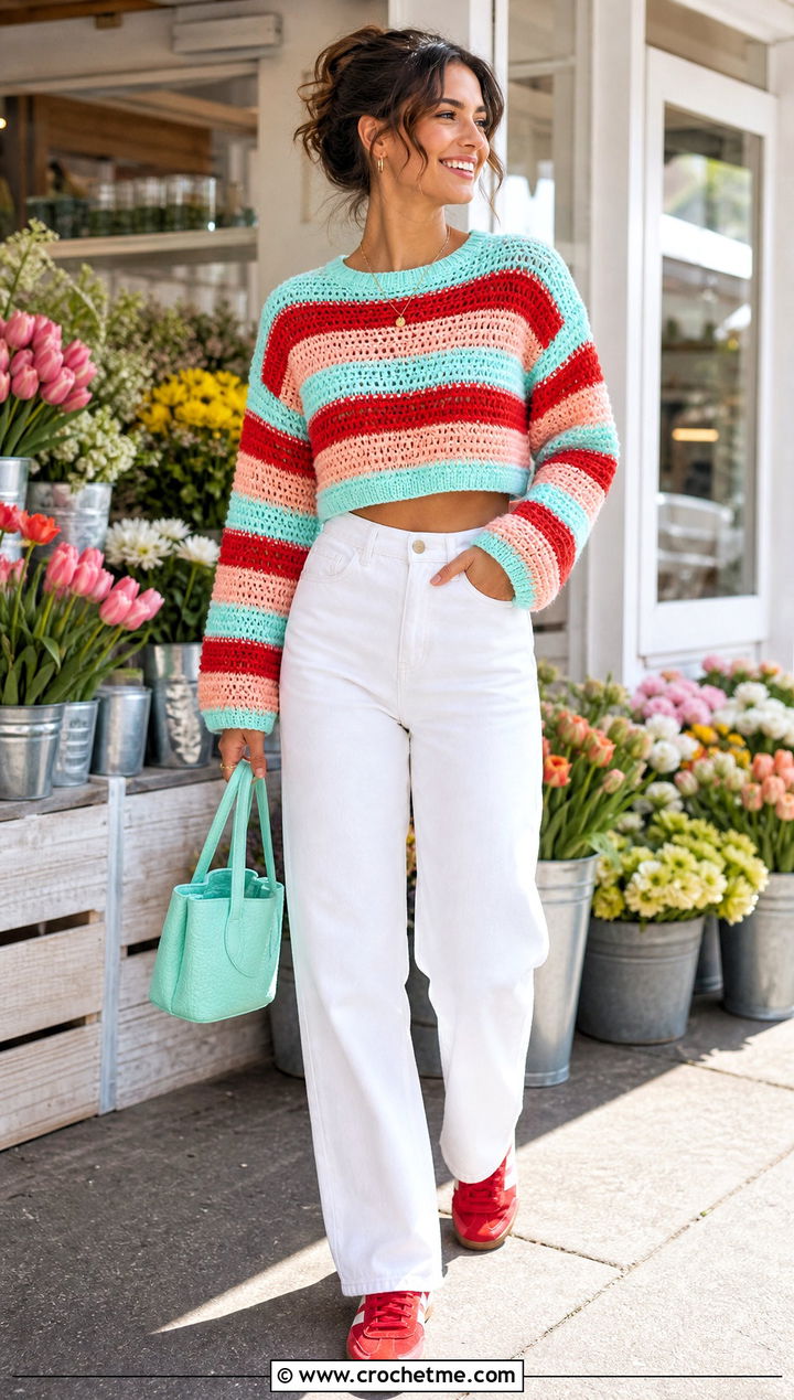 Striped Cropped Crochet Sweater With White Jeans - 30 crocheted cropped sweater outfit ideas