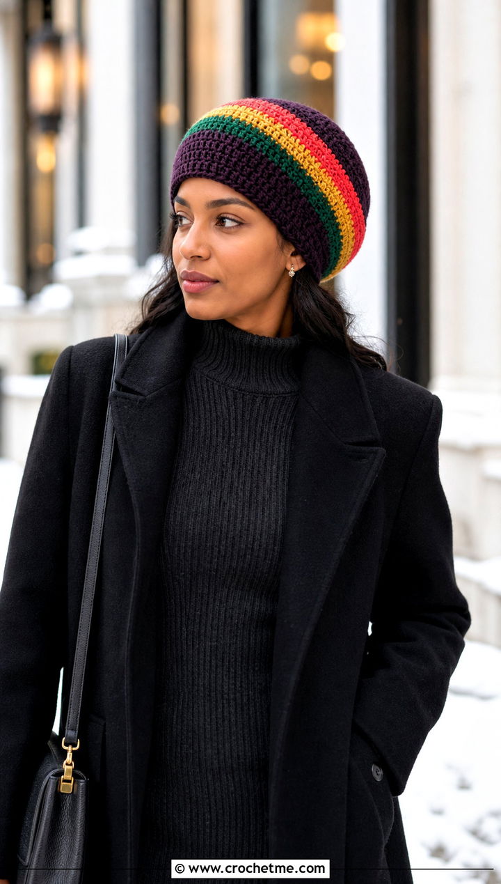 Striped Crown Rasta Beanie With Sweater Dress - 25 crochet rasta beanie outfit ideas