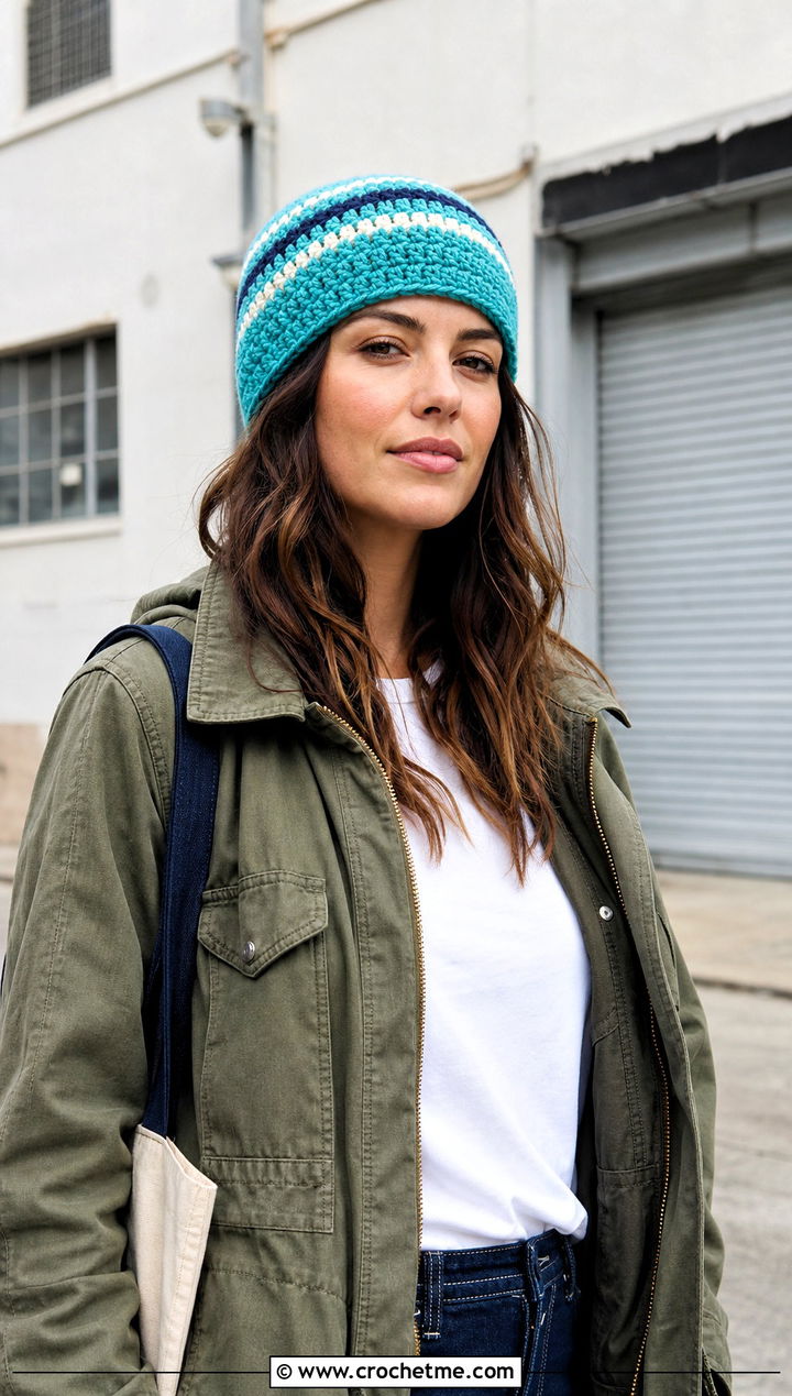 Striped Cuffed Crochet Beanie With Utility Jacket And Carpenter Jeans - 15 Cuffed Crochet Beanie outfit ideas
