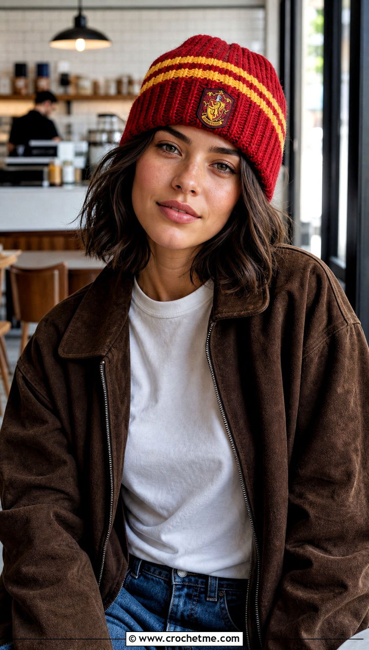 Striped Cuffed Gryffindor Crochet Beanie With Straight Jeans - 15 gryffindor crochet hat outfit ideas