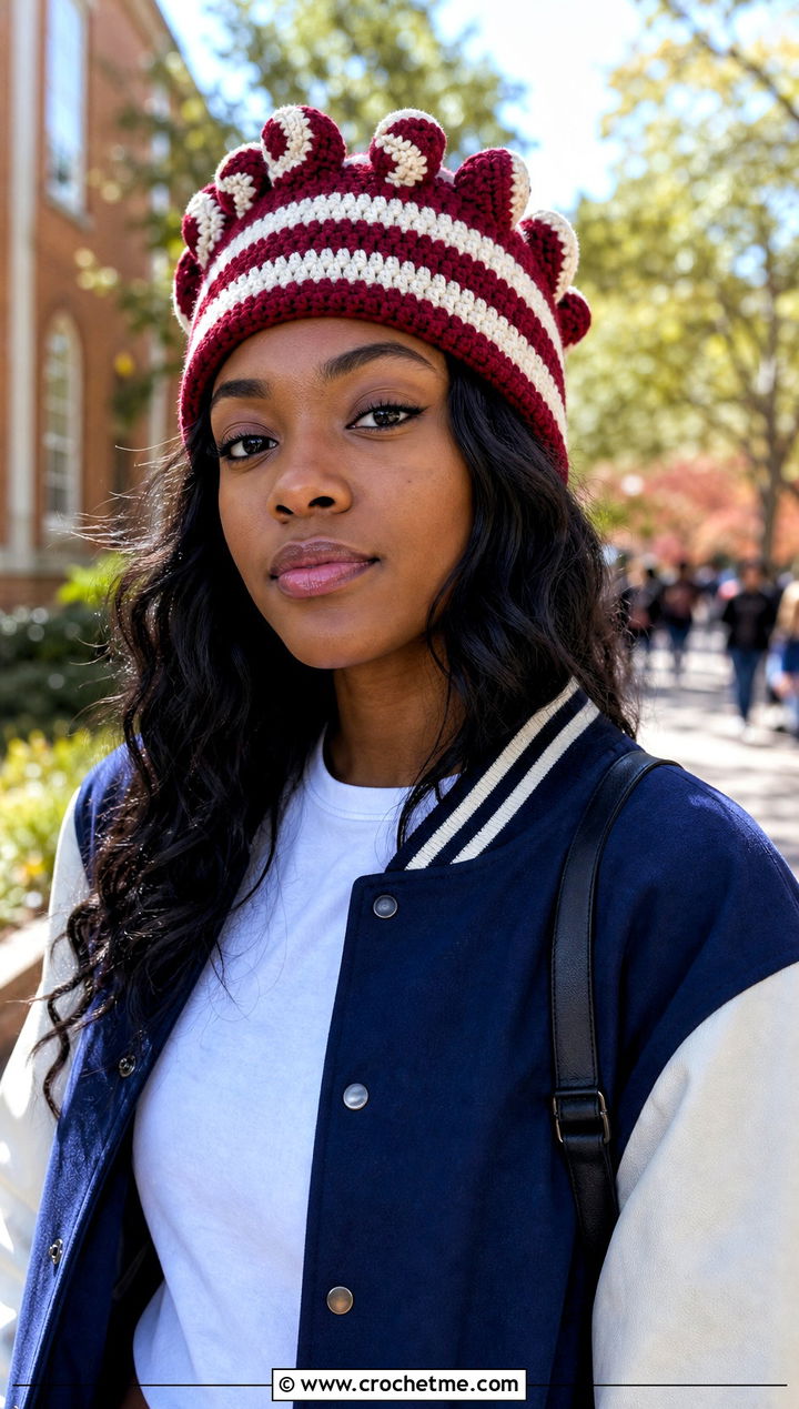 Striped Curly Cue Hat With Varsity Jacket - 25 Crochet Curly Cue Hat outfit ideas