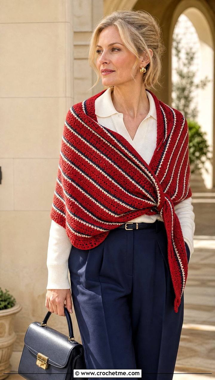 Striped DK Yarn Crochet Wrap Shawl With Pleated Trousers - 25 Crochet Shawl Dk Yarn outfit ideas