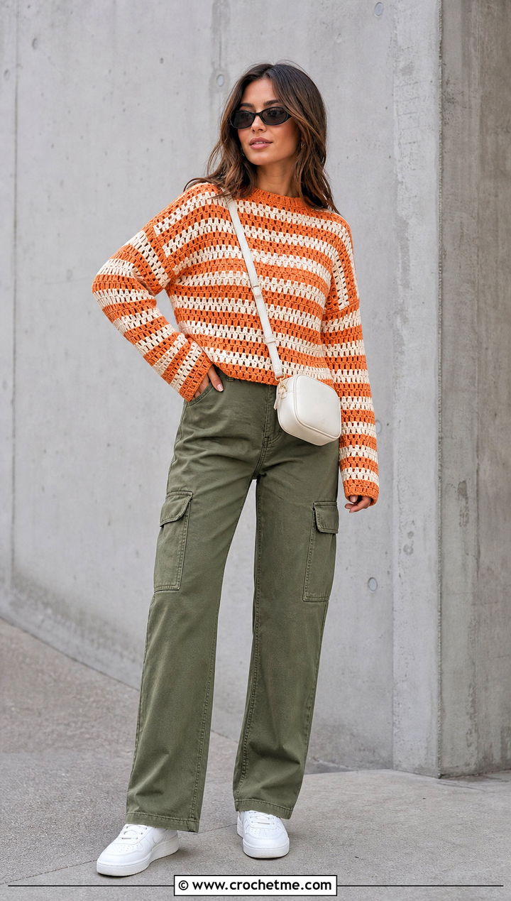 Striped Designer Crochet Sweater With Cargo Pants - 15 Designer Crochet Sweater outfit ideas