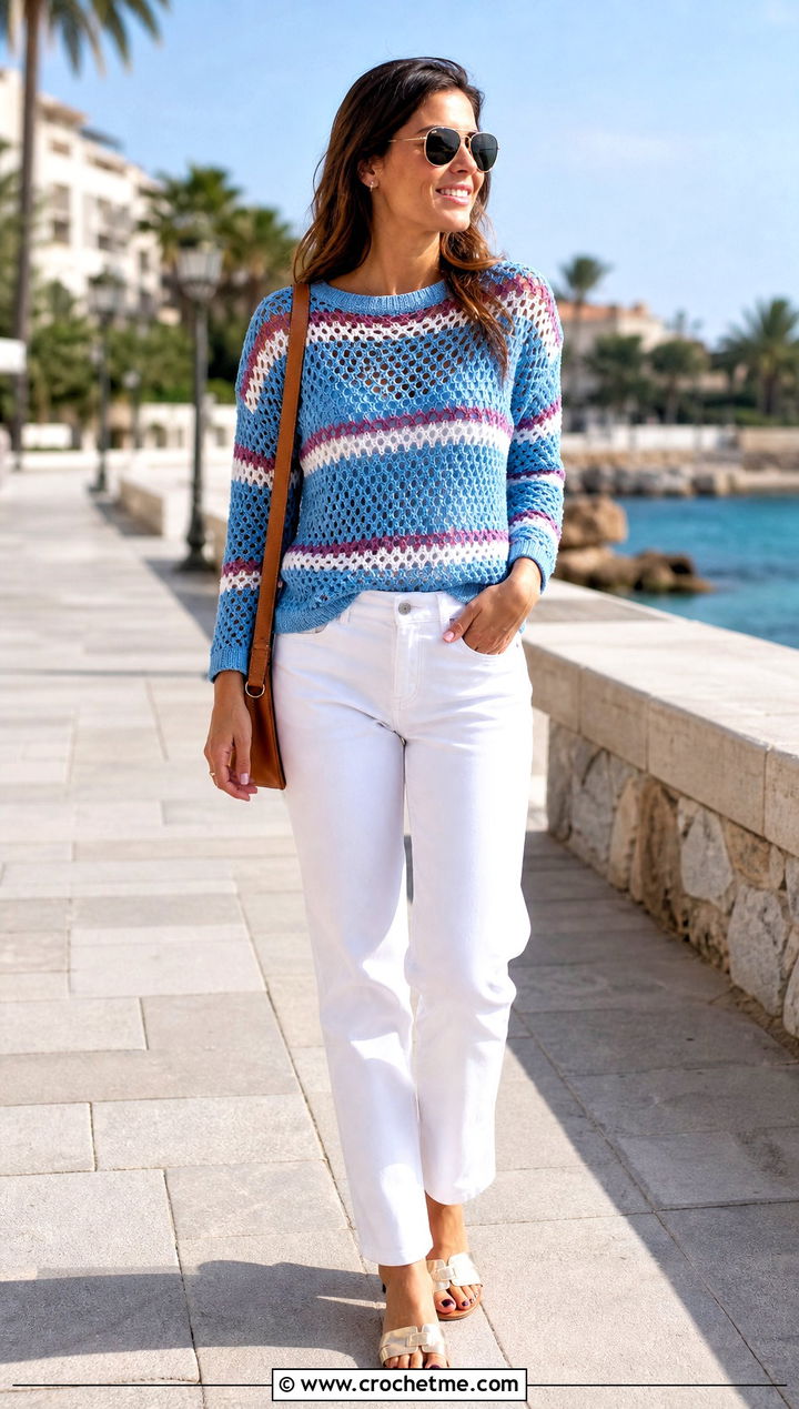 Striped Diamond Mesh Stitch Crochet Top With White Jeans - 25 Diamond Mesh Stitch Crochet Top outfit ideas