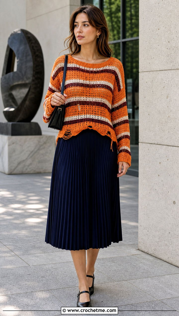 Striped Distressed Crochet Sweater With Pleated Midi Skirt - 35 distressed crochet sweater outfit ideas