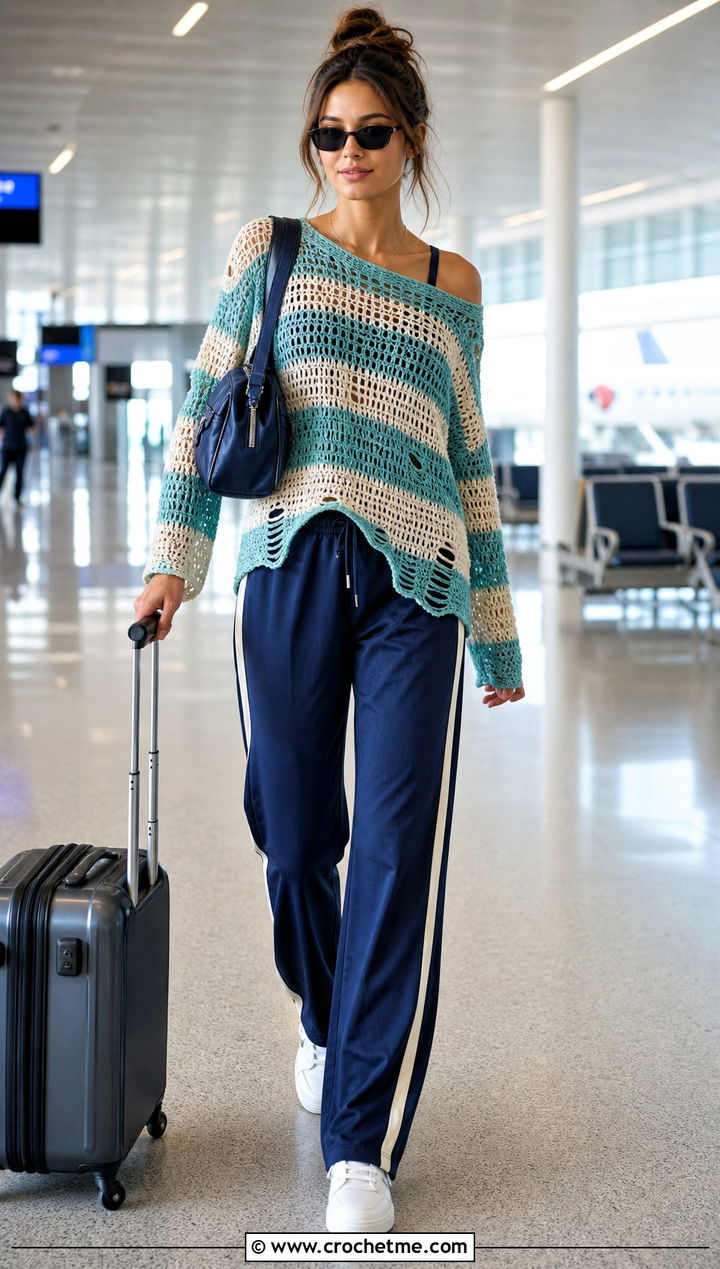 Striped Distressed Crochet Top With Track Pants - 25 Ripped Crochet Top outfit ideas
