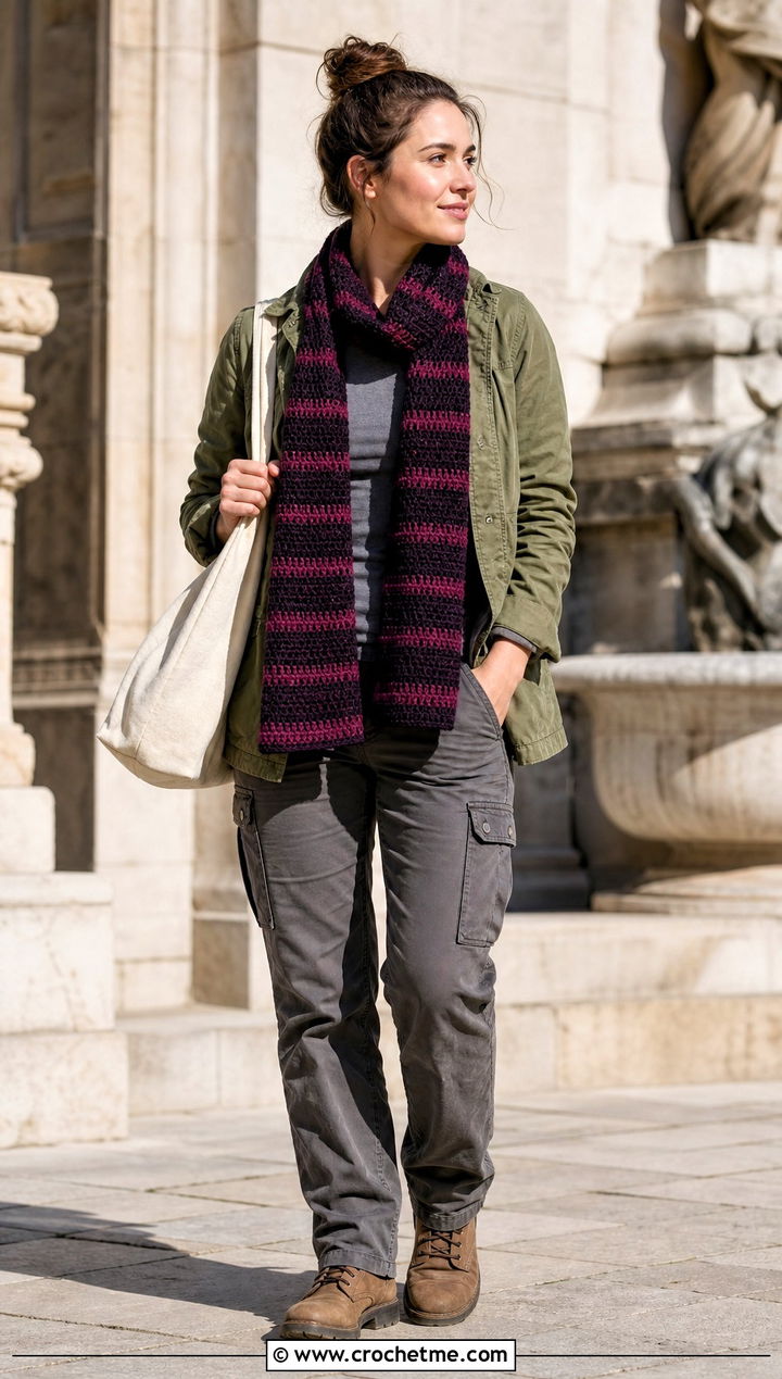 Striped Double Crochet Scarf With Utility Jacket And Cargo Pants - 35 double crochet scarf outfit ideas