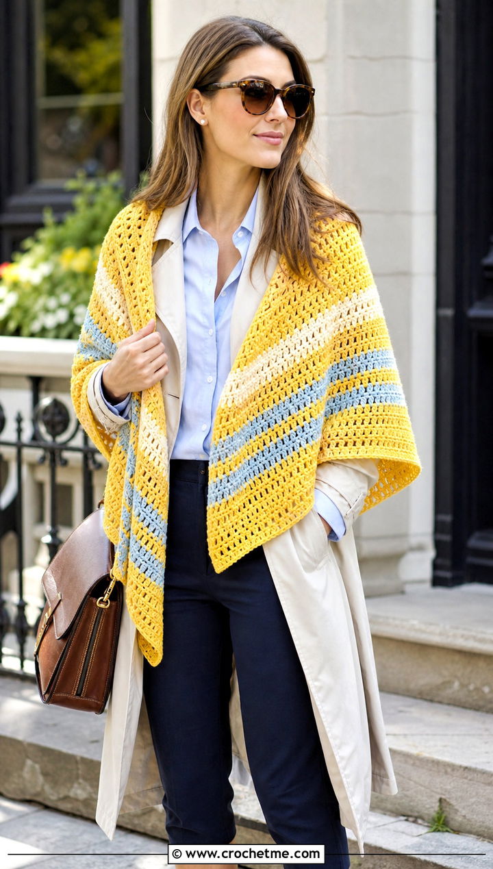 Striped Double Crochet Shawl With Trench Coat - 20 Double Crochet Shawl outfit ideas