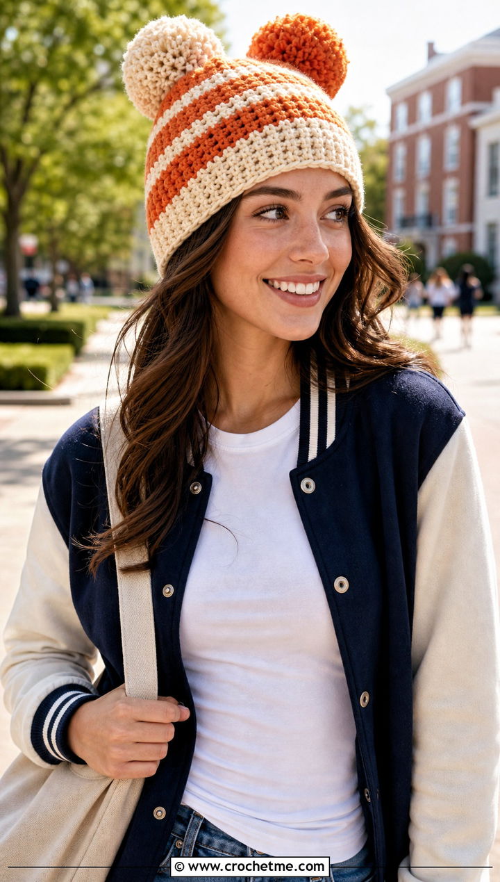 Striped Double Pom Pom Beanie With Varsity Jacket - 25 Crochet Double Pom Pom Hat outfit ideas