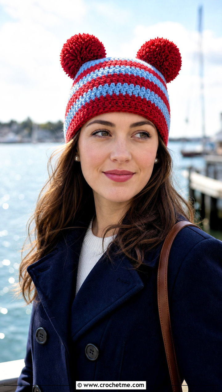 Striped Double Pompom Crochet Hat With Peacoat - 25 Double Pompom Crochet Hat outfit ideas