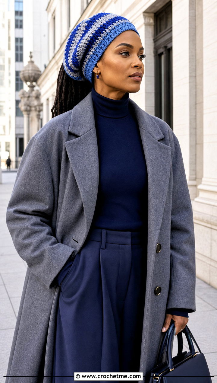Striped Dreadlock Tam With Tailored Coat And Wide Leg Pants - 15 Crochet Bob Marley Hat outfit ideas