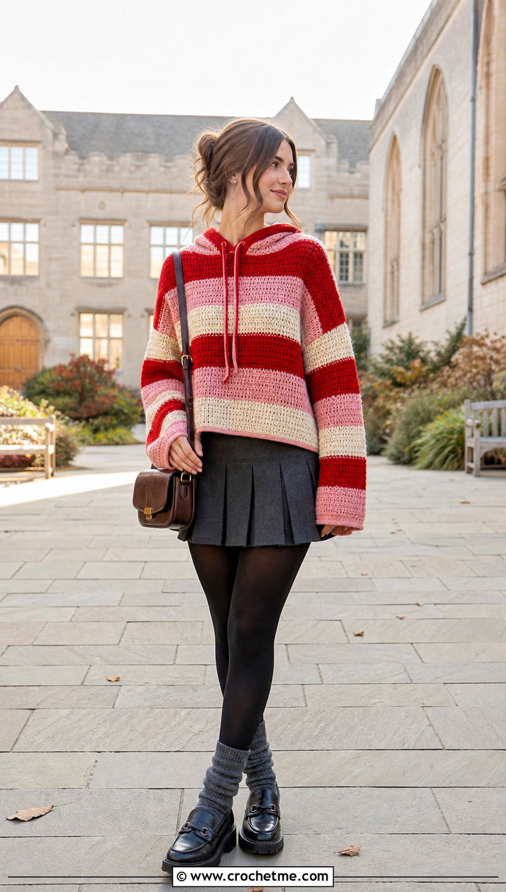 Striped Drop Shoulder Chunky Crochet Hoodie With Pleated Skirt - 25 crochet chunky hoodie outfit ideas