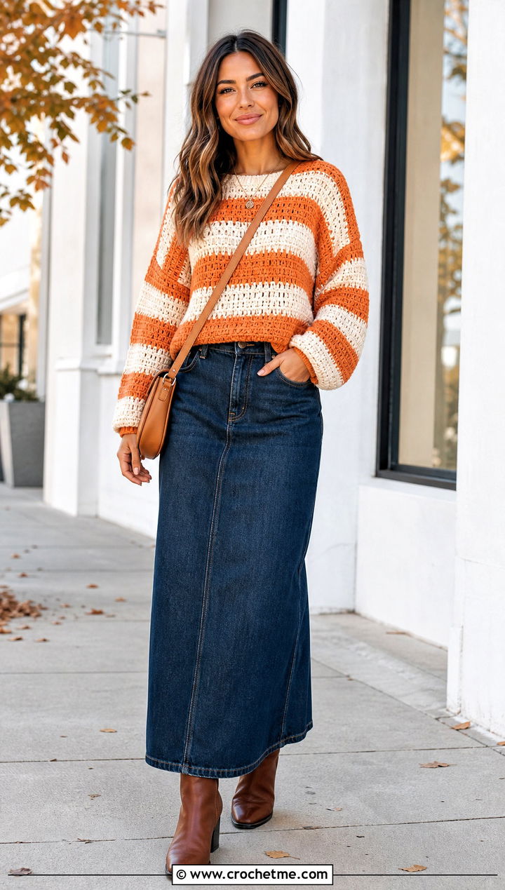 Striped Drop Shoulder Crochet Pullover With Denim Maxi Skirt - 15 crochet for ladies pull over sweaters outfit ideas