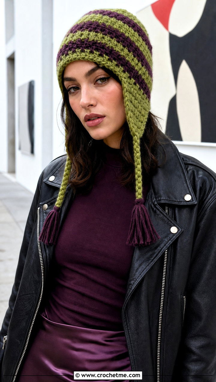 Striped Ear Flap Beanie With Leather Jacket - 30 crochet ear flap beanie outfit ideas
