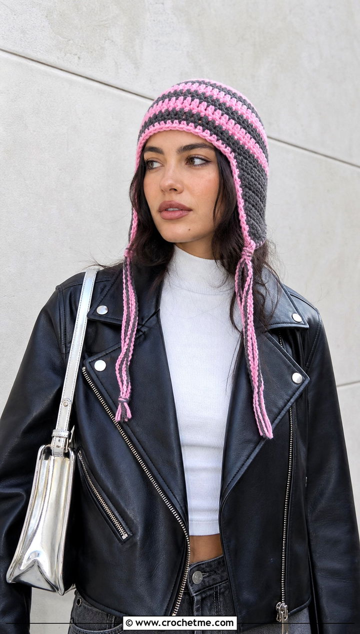 Striped Earflap Crochet Beanie With Leather Jacket - 25 Earflap Crochet Beanie outfit ideas