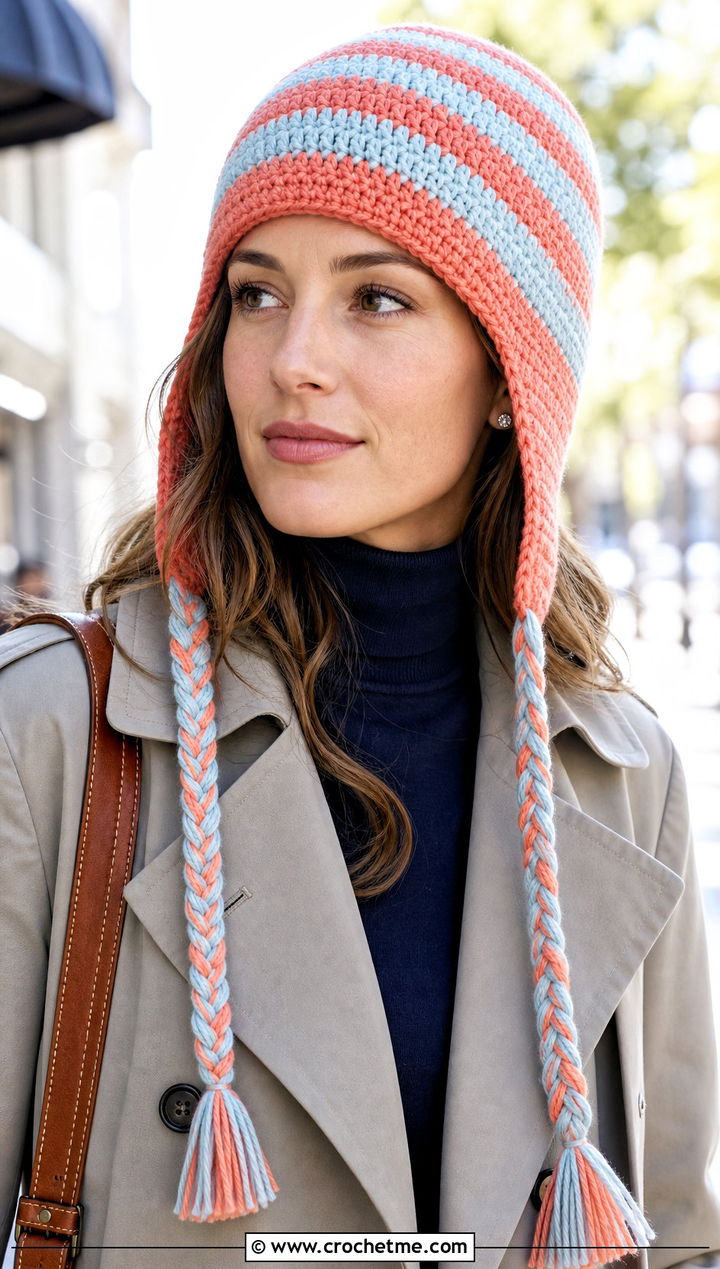 Striped Earflap Crochet Hat With Braids And Trench Coat - 30 crochet hat with braids outfit ideas