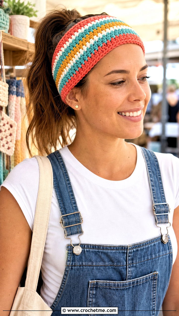Striped Elastic Crochet Headband With Overalls and a T Shirt - 25 Crochet Headbands With Elastic outfit ideas