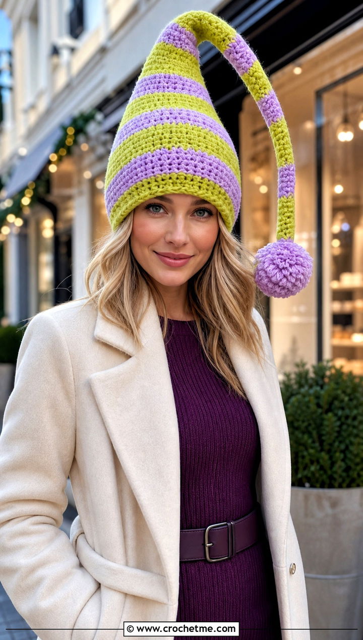 Striped Elf Crochet Cindy Lou Who Hat With Sweater Dress - 20 Crochet Cindy Lou Who Hat outfit ideas
