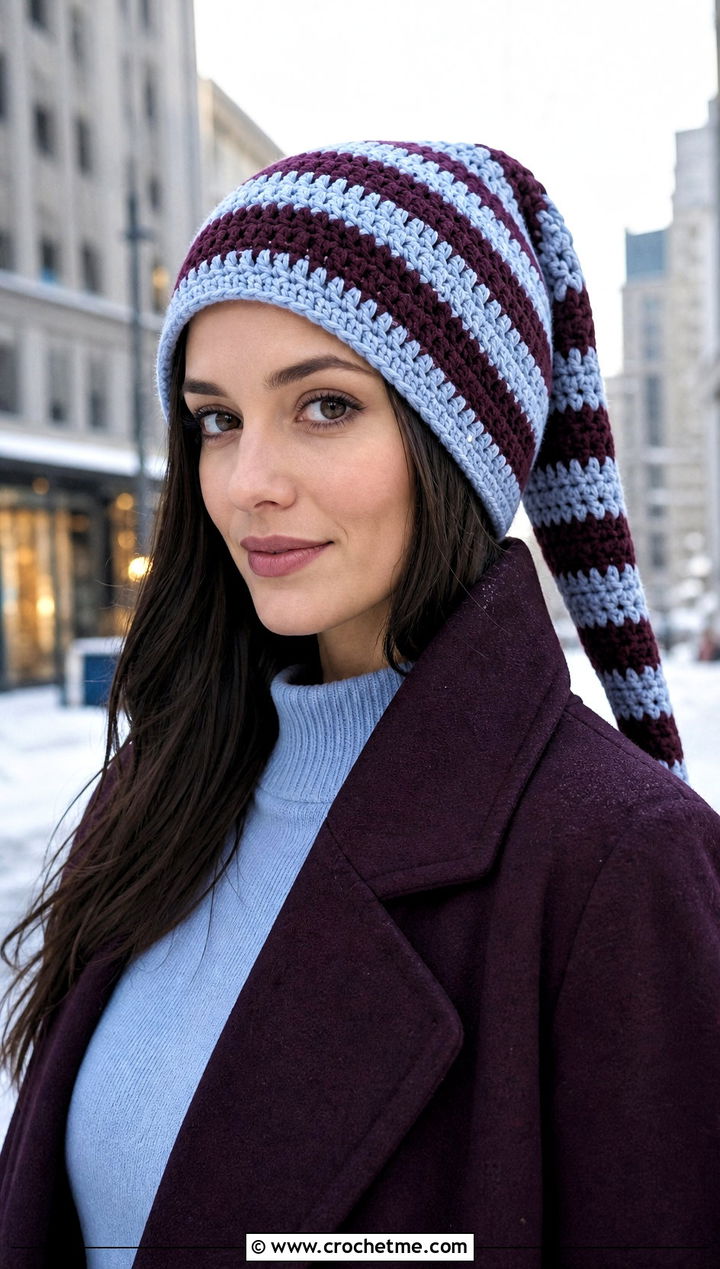 Striped Elf Crochet Pointed Hat With Sweater Dress - 25 Crochet Pointed Hat outfit ideas