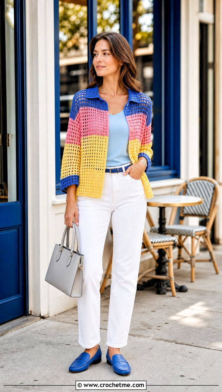 Striped Filet Crochet Shirt With White Jeans - 30 filet crochet shirt outfit ideas