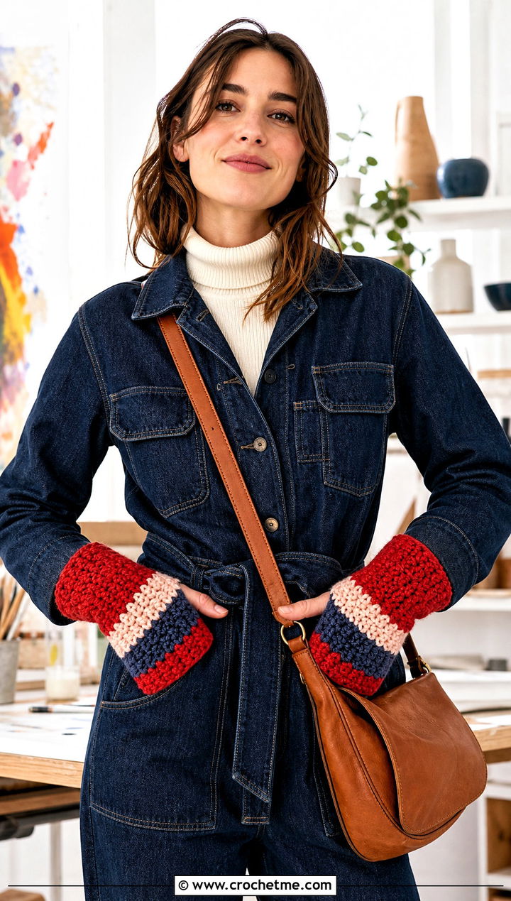 Striped Fingerless Gloves With Denim Jumpsuit - 25 Crochet Fingerless Gloves Bulky Yarn outfit ideas