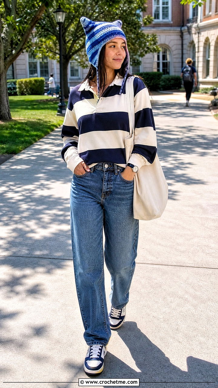 Striped Finn Hat With Rugby Shirt And Straight Jeans - 35 crochet finn hat outfit ideas