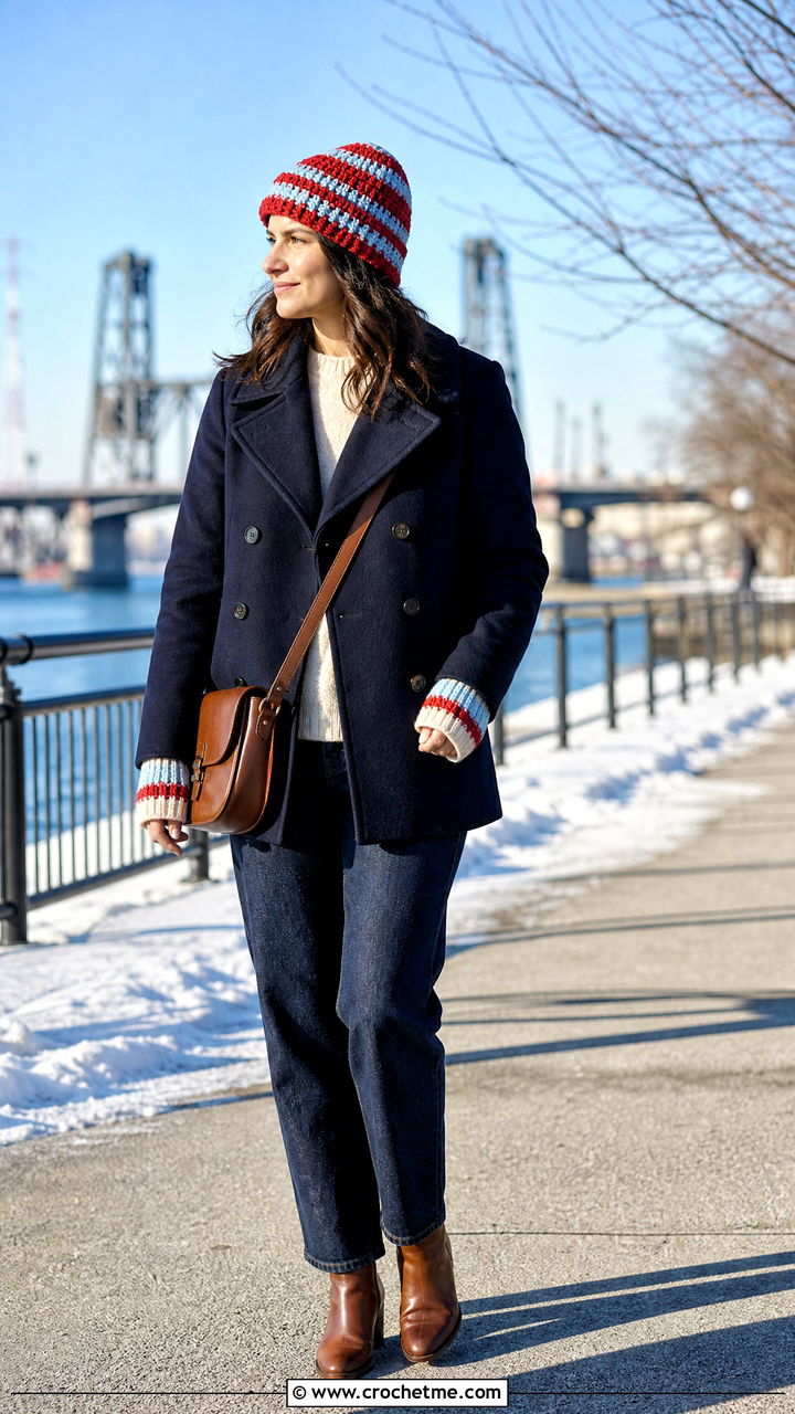 Striped Fisherman Beanie Hat With Peacoat - 35 crochet fisherman hat outfit ideas