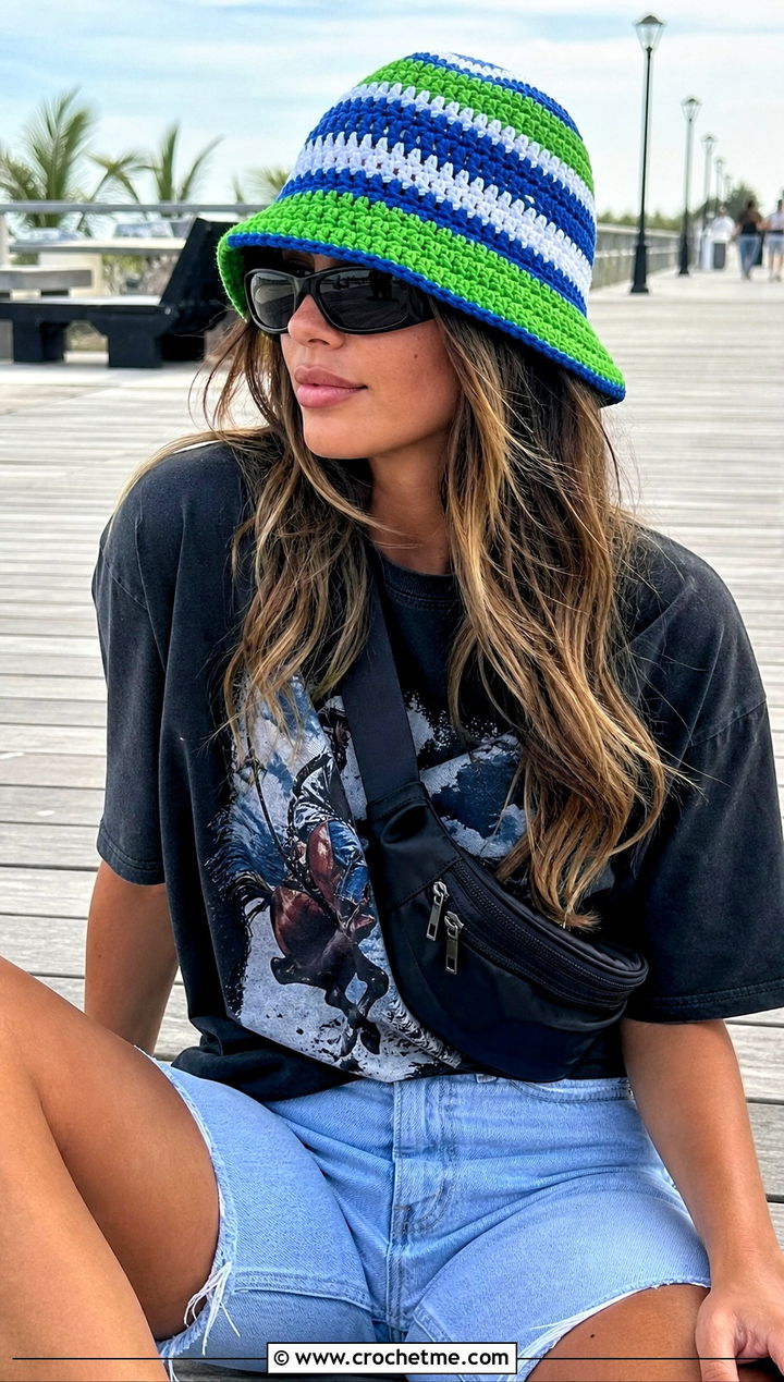 Striped Fisherman Crochet Beach Hat With Graphic Tee - 30 crochet beach hats outfit ideas