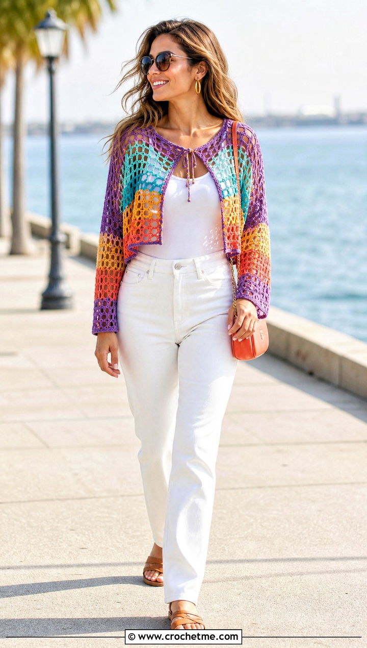 Striped Fishnet Crochet Bolero With White Denim - 25 Fishnet Crochet Bolero outfit ideas
