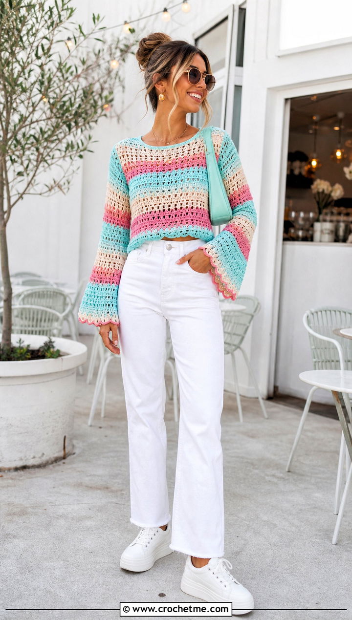 Striped Flare Sleeve Crochet Top With White Jeans - 20 Crochet Top With Flare Sleeves outfit ideas