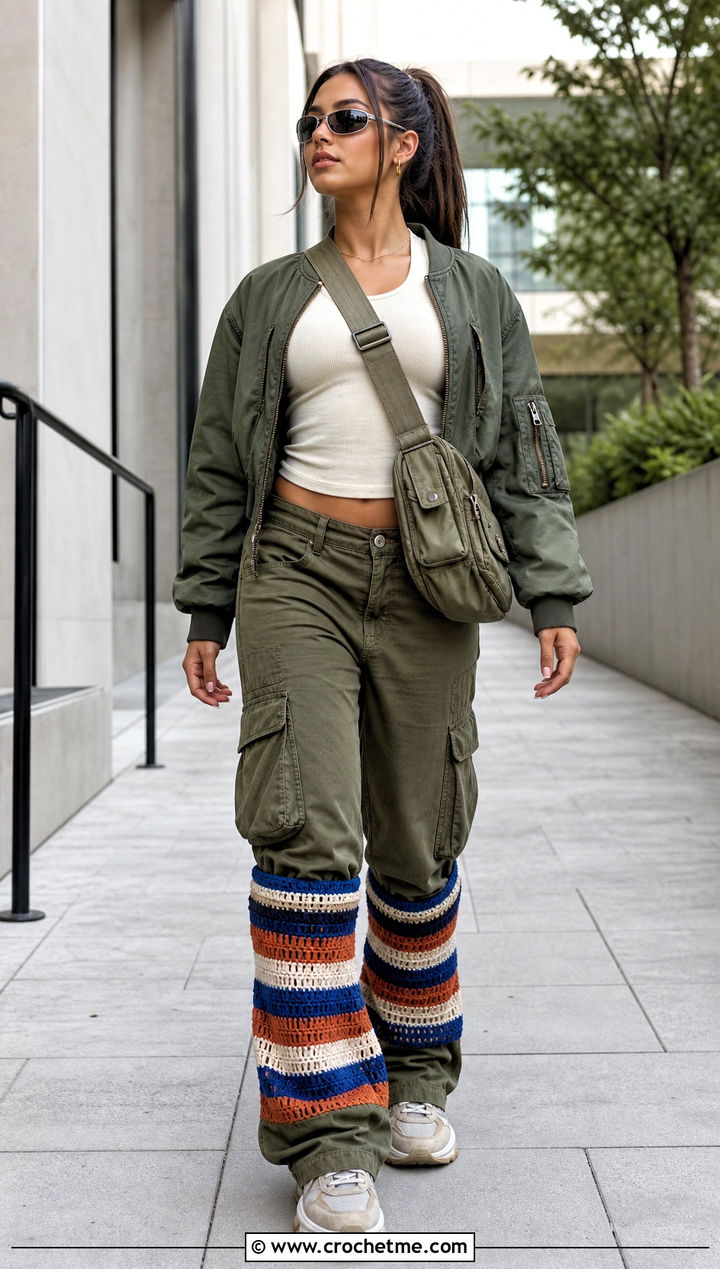 Striped Flared Crochet Leg Warmers With Cargo Pants - 25 flared crochet leg warmers outfit ideas