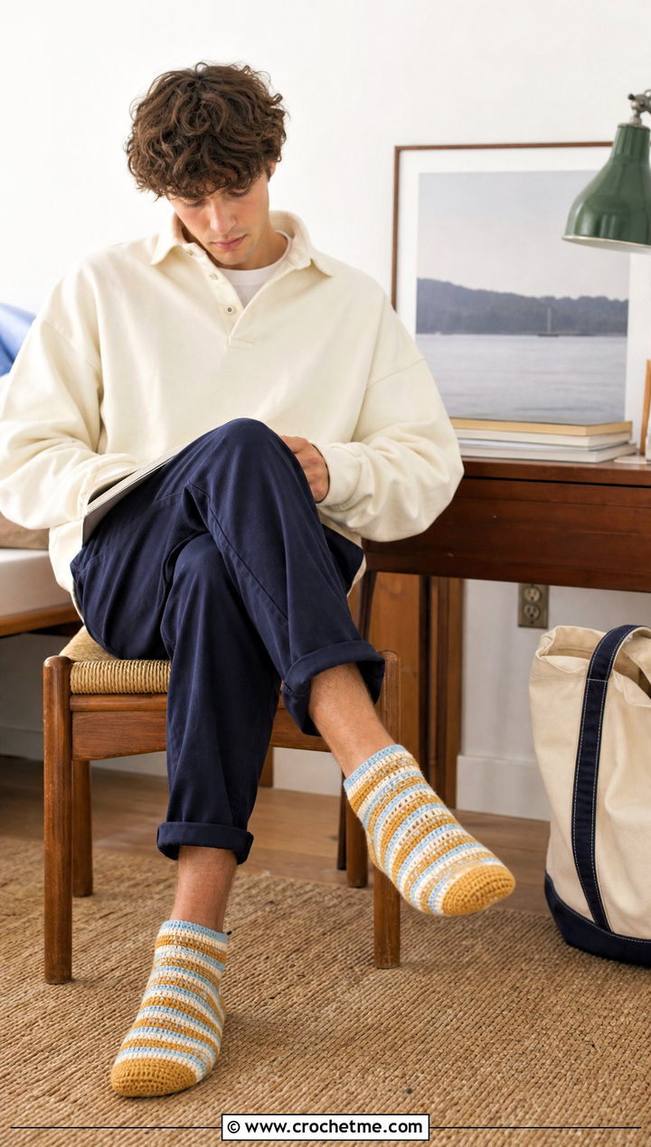 Striped Flat Crochet Socks With Rugby Shirt And Chinos - 25 flat crochet sock outfit ideas