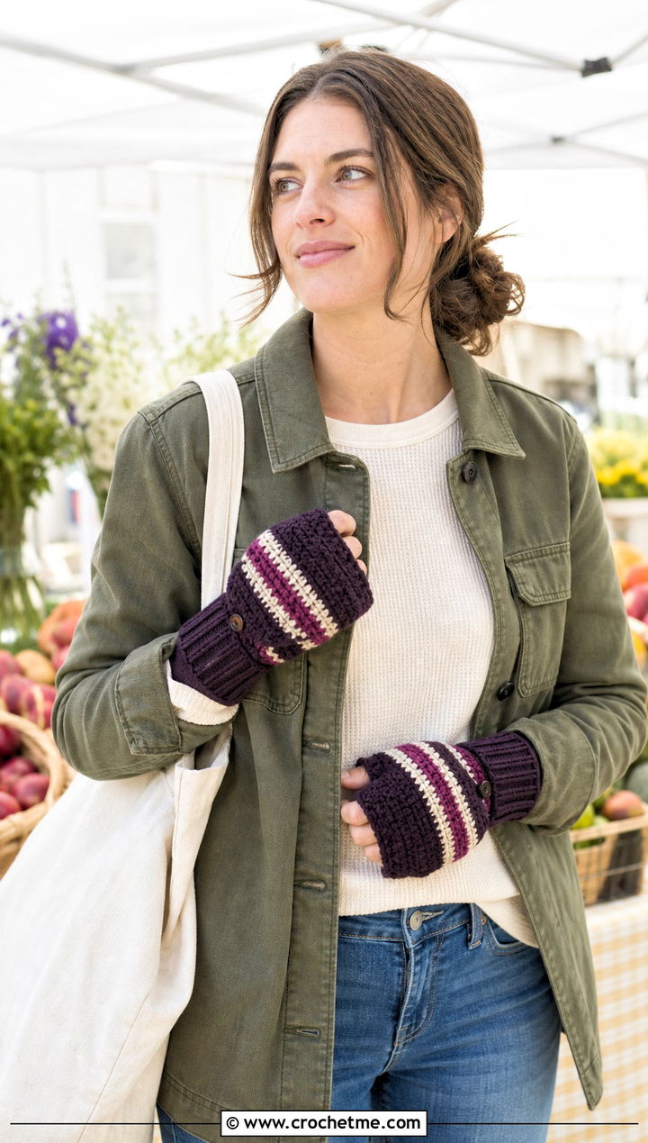 Striped Flip Top Crochet Gloves With Chore Jacket - 15 Convertible Crochet Fingerless Gloves outfit ideas