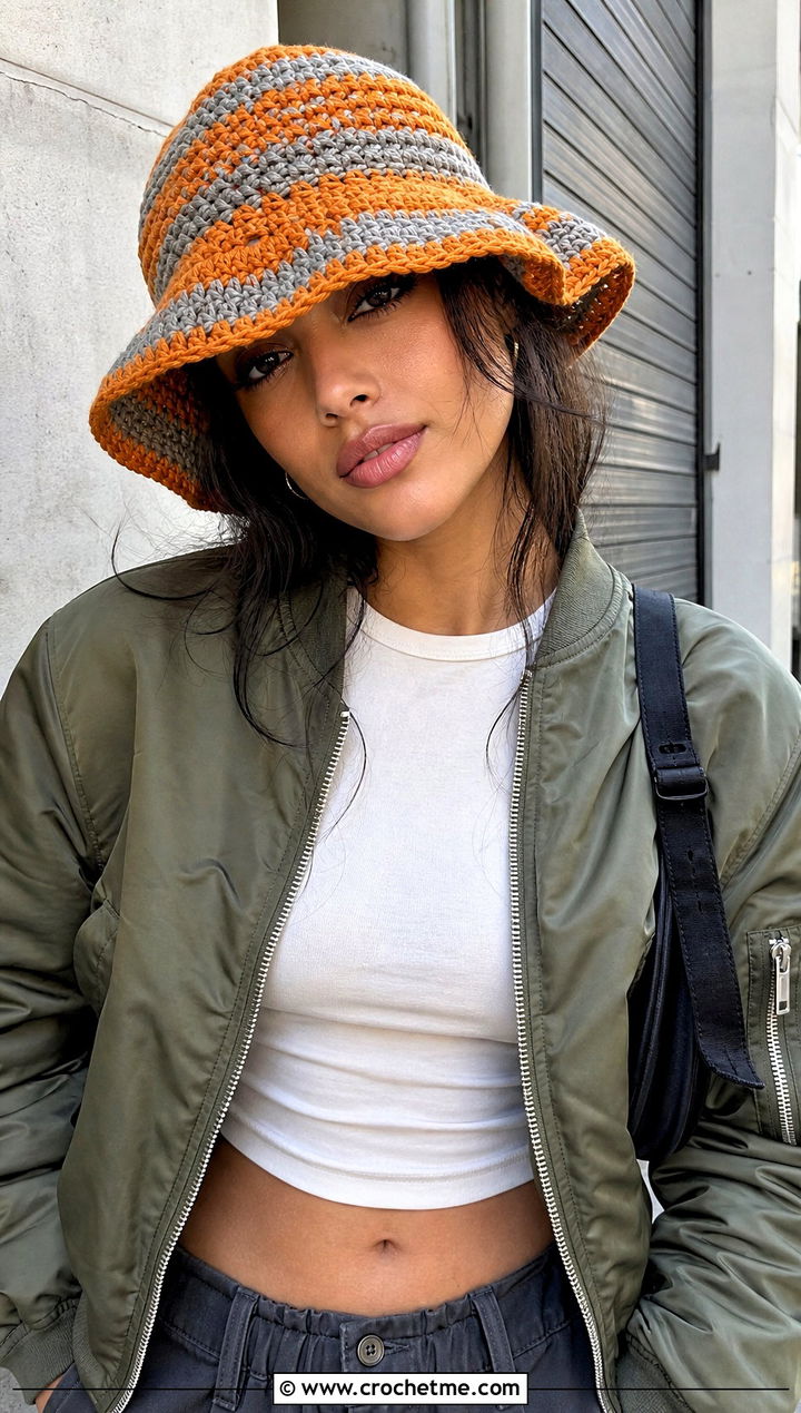 Striped Floppy Crochet Hat With Cargo Pants - 25 floppy crochet hat outfit ideas