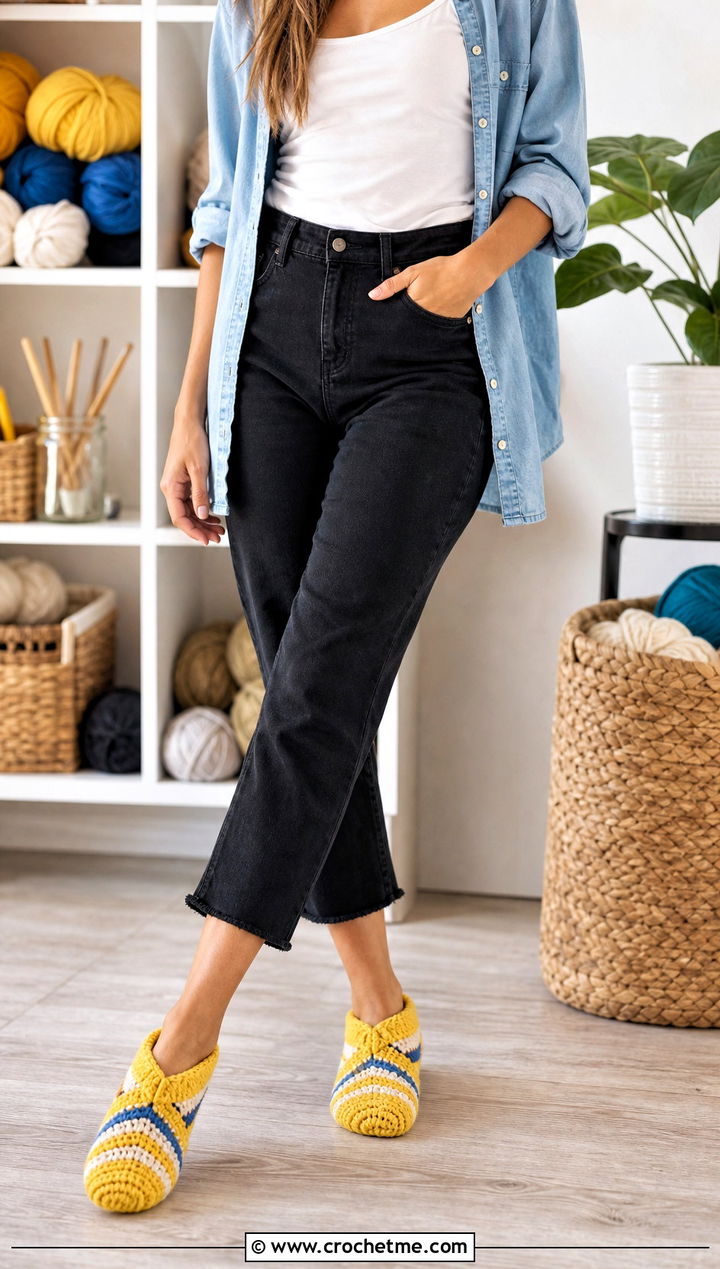 Striped Folded Crochet Slippers With Denim Shirt - 25 Folded Crochet Slippers outfit ideas