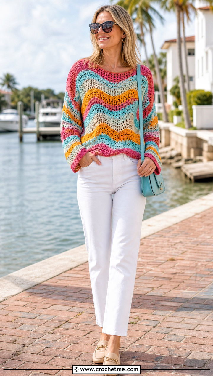 Striped Freeform Crochet Sweater With White Jeans - 30 freeform crochet sweater outfit ideas