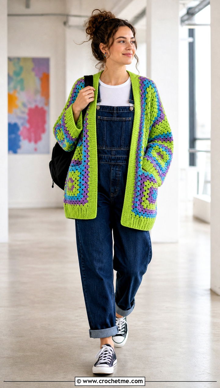 Striped Giant Granny Square Cardigan With Denim Overalls - 35 giant granny square cardigan outfit ideas