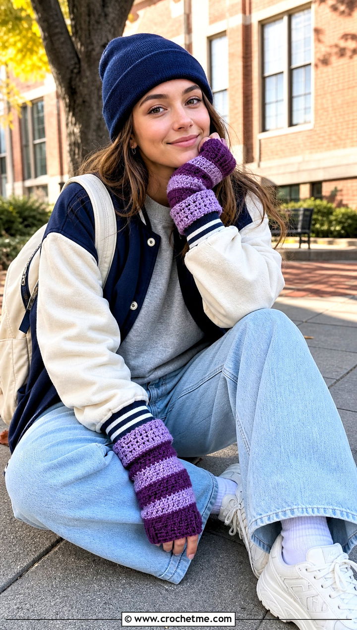 Striped Glittens With Varsity Jacket and Wide Leg Jeans - 20 Convertible Crochet Gloves outfit ideas