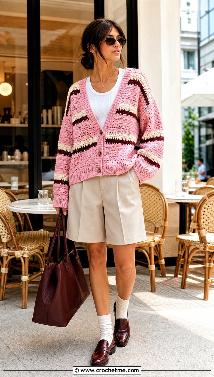 Striped Grandpa Crochet Cardigan With Bermuda Shorts - 20 grandpa crochet cardigan outfit ideas
