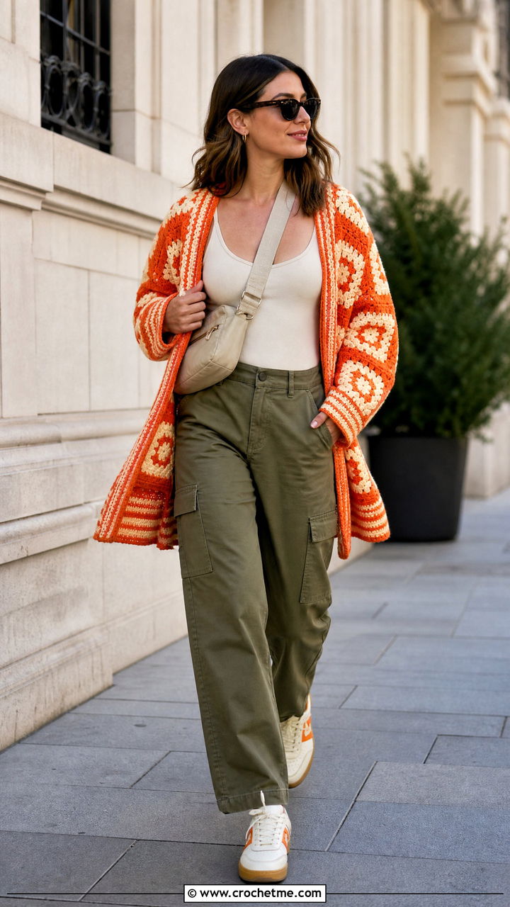 Striped Granny Block Crochet Blanket Cardigan With Cargo Pants - 35 crochet blanket cardigan outfit ideas