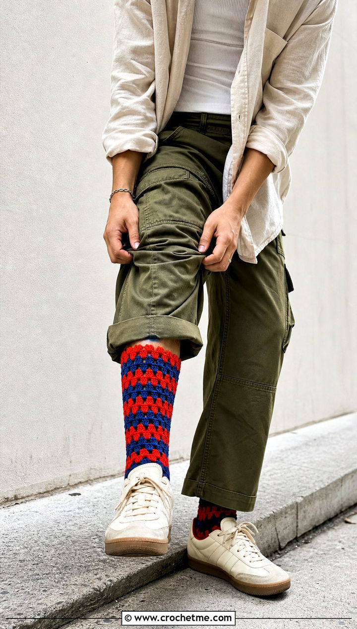 Striped Granny Cluster Socks With Cargo Pants - 25 Crochet Granny Socks outfit ideas