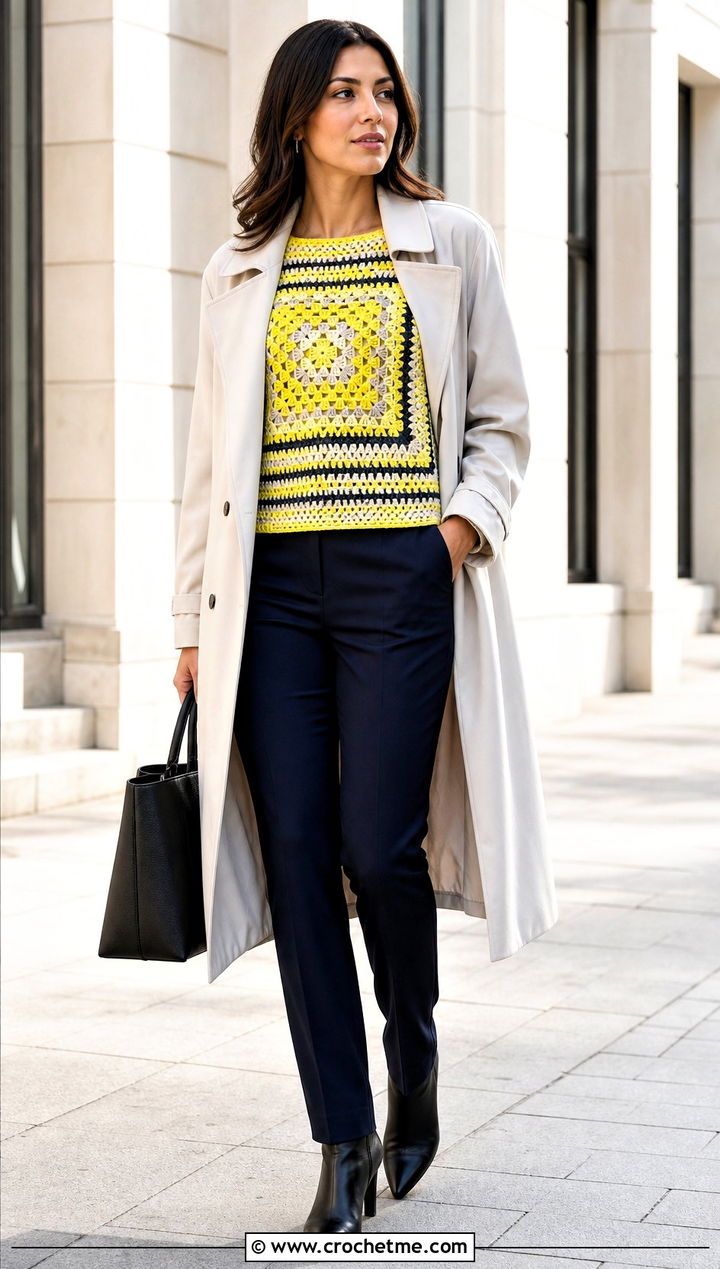 Striped Granny Crochet Motif Top With Trench Coat - 30 crochet motif top outfit ideas