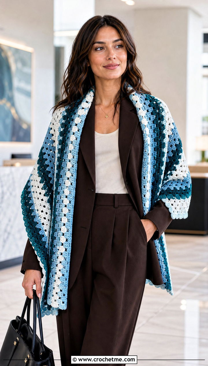 Striped Granny Crochet Shawl With Monochrome Suit - 15 Granny Crochet Shawl outfit ideas