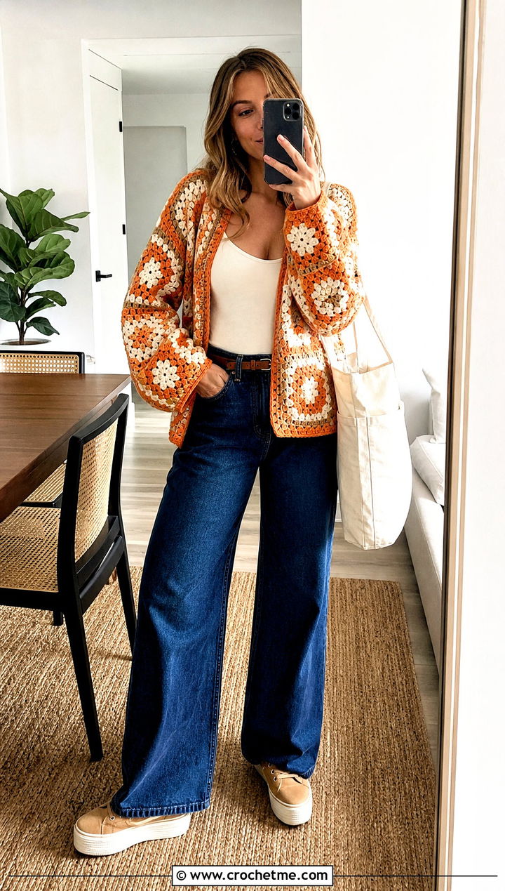 Striped Granny Hexagon Crochet Cardigan With Wide Leg Jeans - 20 Hexagon Crochet Cardigan With Granny Squares outfit ideas