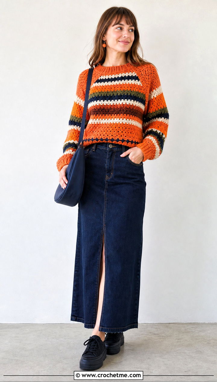 Striped Granny Raglan Sweater With Denim Maxi Skirt - 20 Crochet Granny Raglan Sweater outfit ideas