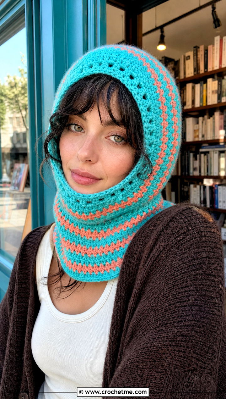 Striped Granny Square Balaclava With Long Cardigan - 30 crochet granny square balaclava outfit ideas